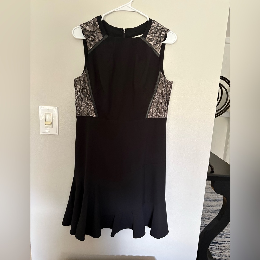 Shoshanna black lace and leather detail cocktail dress 10